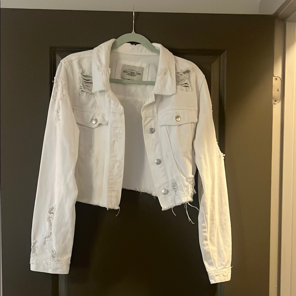 White Cropped Distressed Jean Jacket